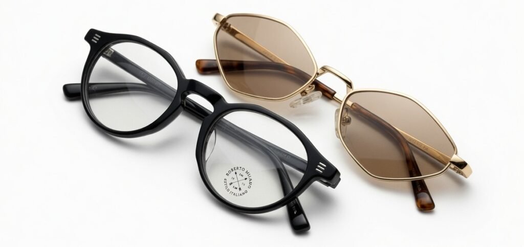 Two pairs of eyewear on a white background: black round-framed glasses and brown-tinted sunglasses laid side by side,