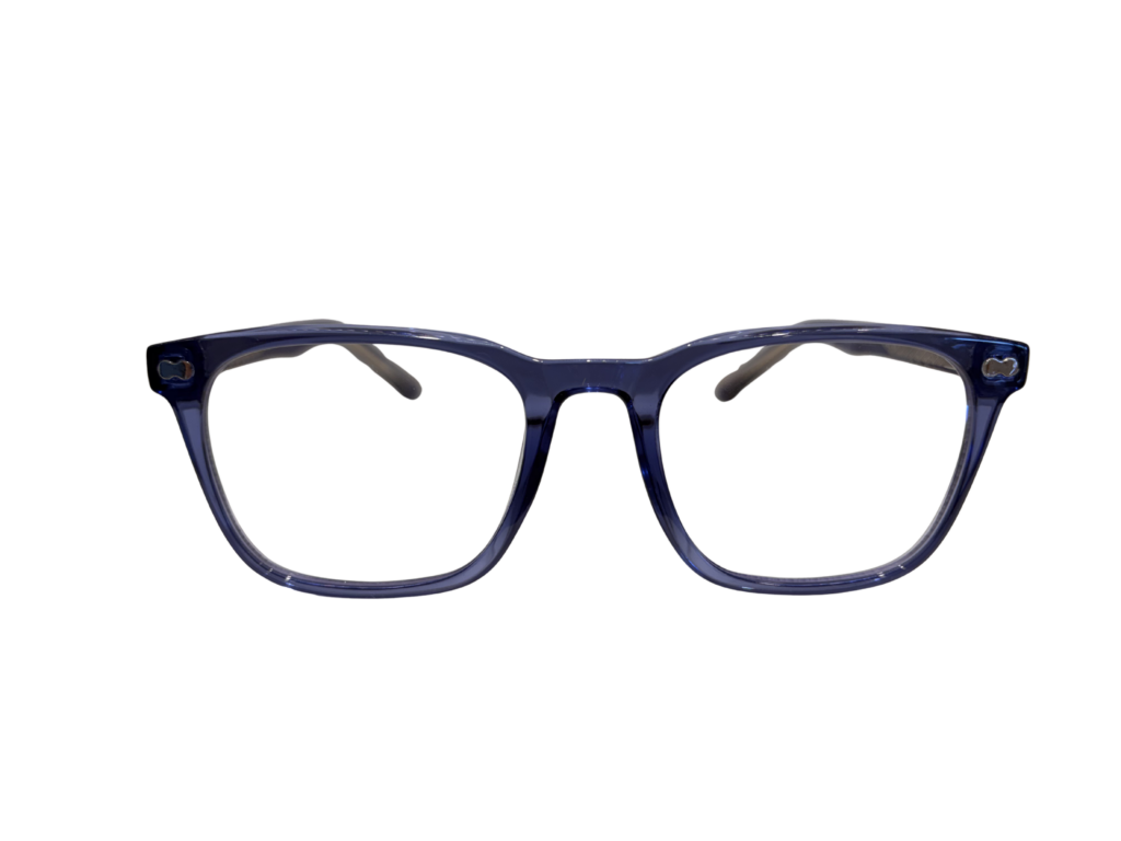 Blue plastic eyeglasses frame shown from below against a solid black background (partial view).