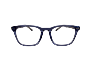 Blue plastic eyeglasses frame shown from below against a solid black background (partial view).