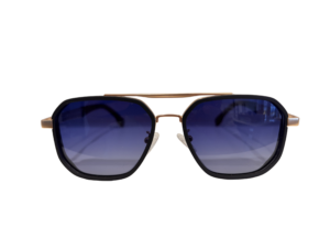 Close-up of blue-tinted sunglasses with a gold metal frame, showing the top rim and dark lenses.