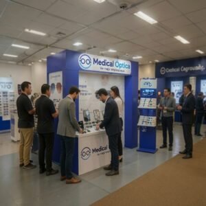 Medical Optica booth at a trade show where attendees try on eyewear and discuss products